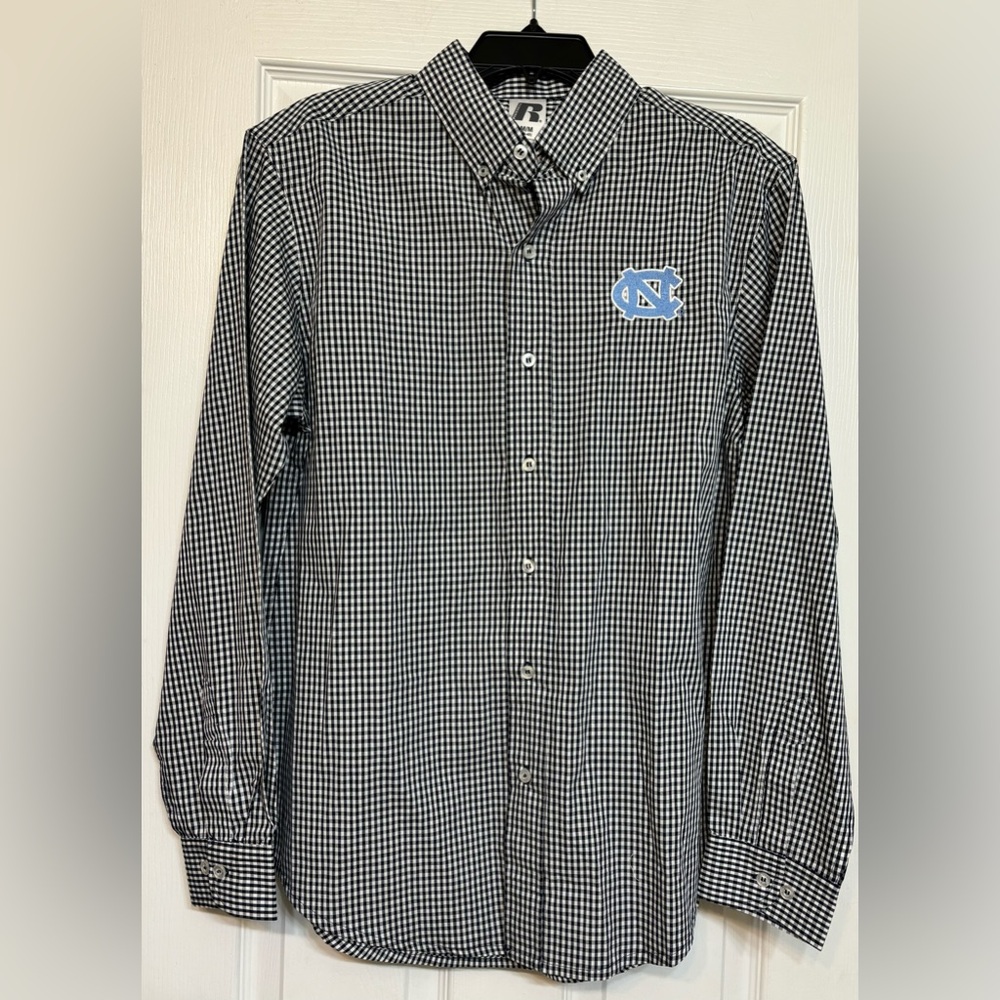 Russell Athletic Black White Check North Carolina Tar Heels Button-Down Shirt, M